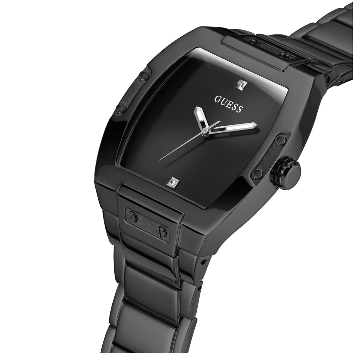 Guess Phoenix watch side view with black square case and metal bracelet