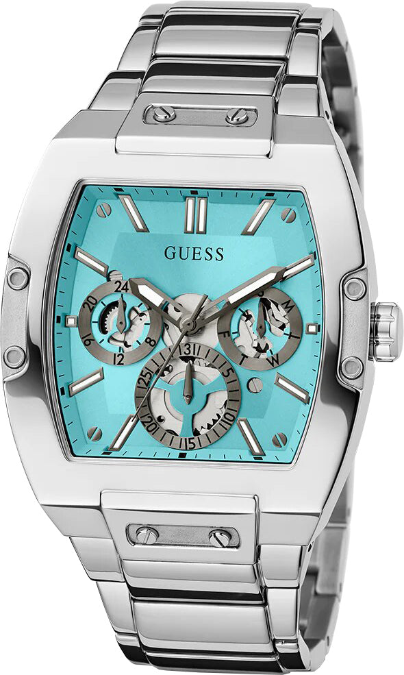 Guess Phoenix watch three-quarter view showing turquoise dial with chronograph subdials and steel bracelet