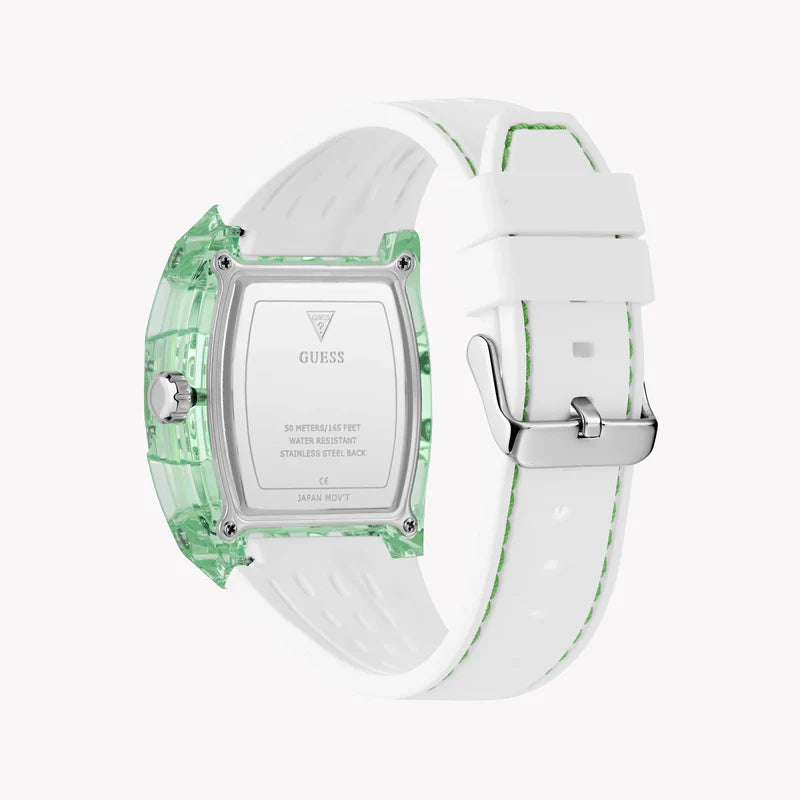 Guess Phoenix GW0499G10 caseback with engraved details and white rubber strap