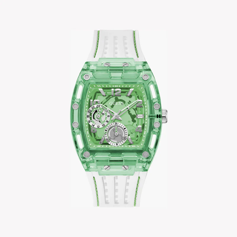 Guess Phoenix green transparent rectangle dial quartz watch with white strap