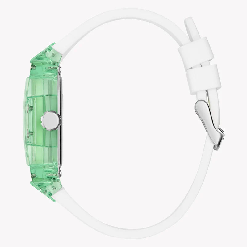Guess Phoenix GW0499G10 watch side view showing green case and white rubber strap
