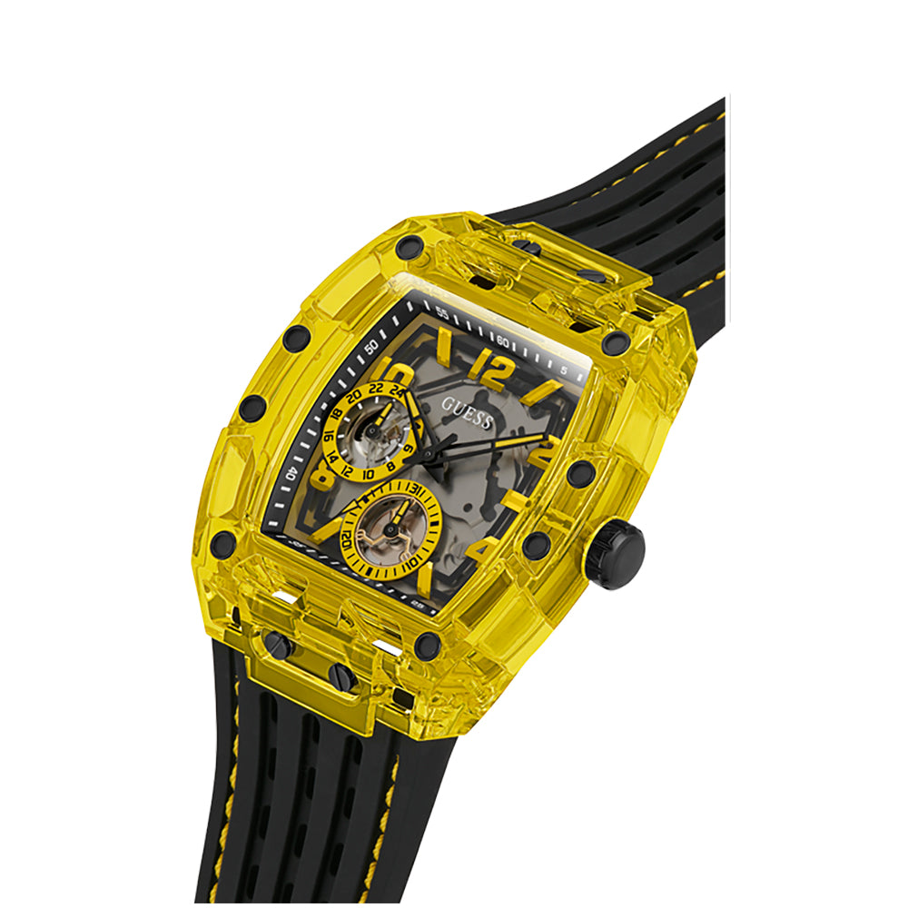 Side angle view of Guess Phoenix yellow case with black silicone strap and skeleton dial