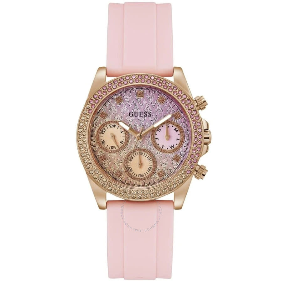 Guess Pink Quartz ladies watch with rose gold-tone case, crystal-set bezel, pink dial, and pink silicone strap