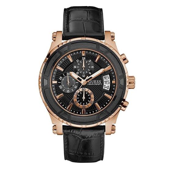 Guess Pinnacle Chronograph black dial mens watch with rose gold case and black leather strap