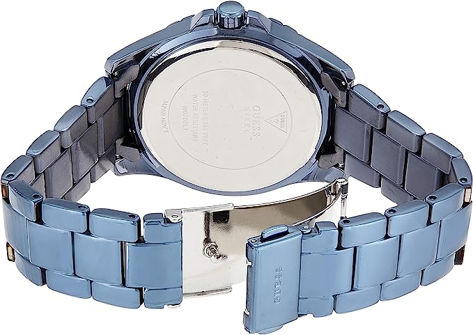 Guess Pinwheel watch caseback showing blue stainless steel bracelet with fold-over clasp