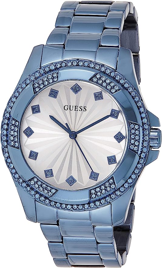 Guess Pinwheel sky blue women's watch with crystal-studded bezel and white dial