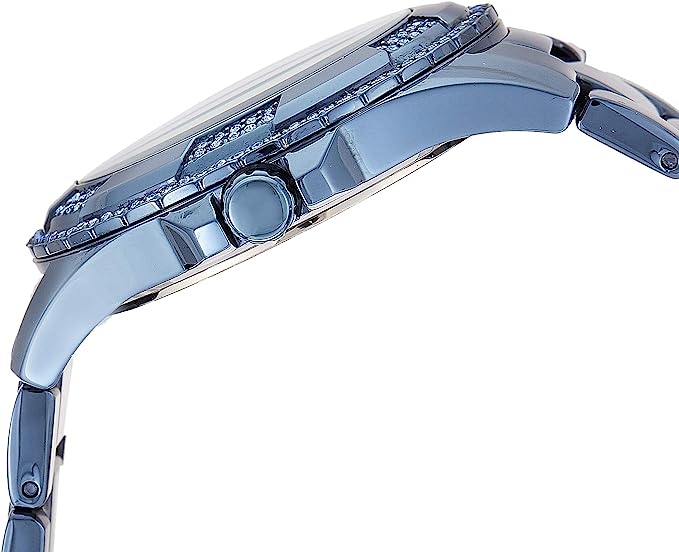 Side view of Guess Pinwheel sky blue watch showing curved case and blue bracelet