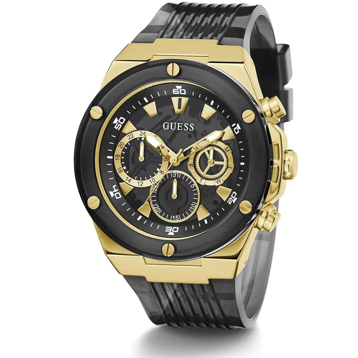 Guess Poseidon chronograph watch angled view with gold-tone case, black dial, and black silicone strap