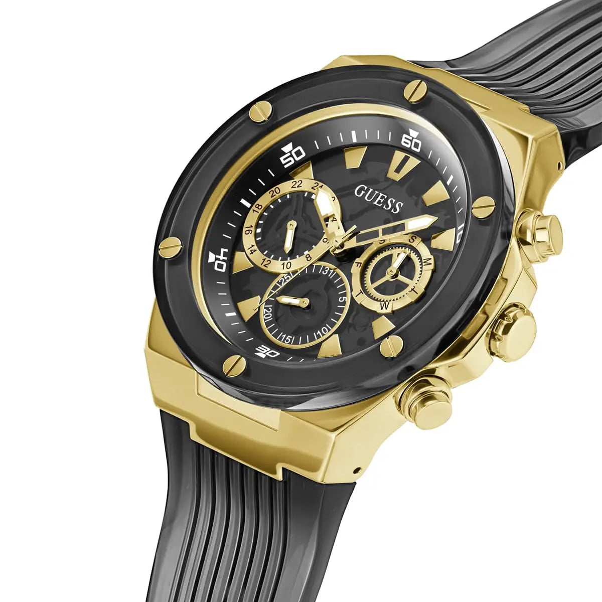 Guess Poseidon chronograph watch at angle showing gold case, black dial, subdials, and black textured strap