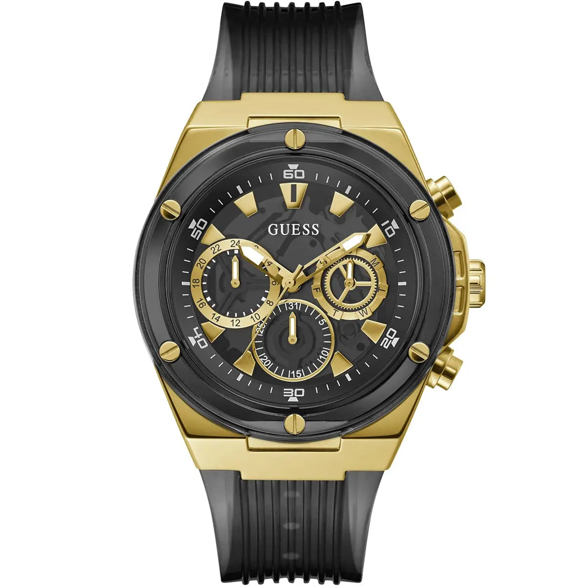 Guess Poseidon men's chronograph watch with black dial, three gold subdials, and gold-tone case