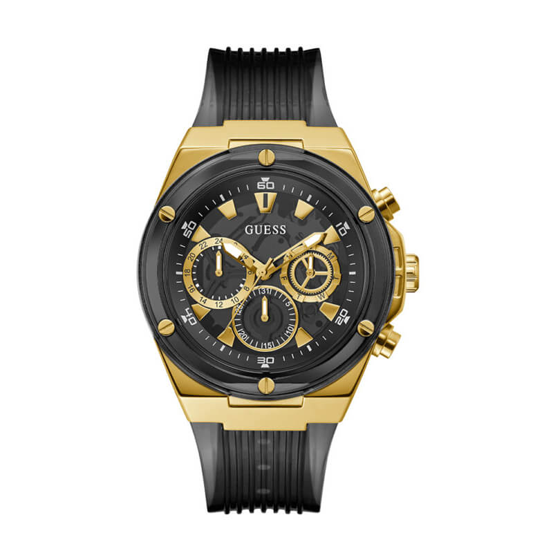 Guess Poseidon chronograph watch with gold-tone case, black dial, and gold subdials on black silicone strap
