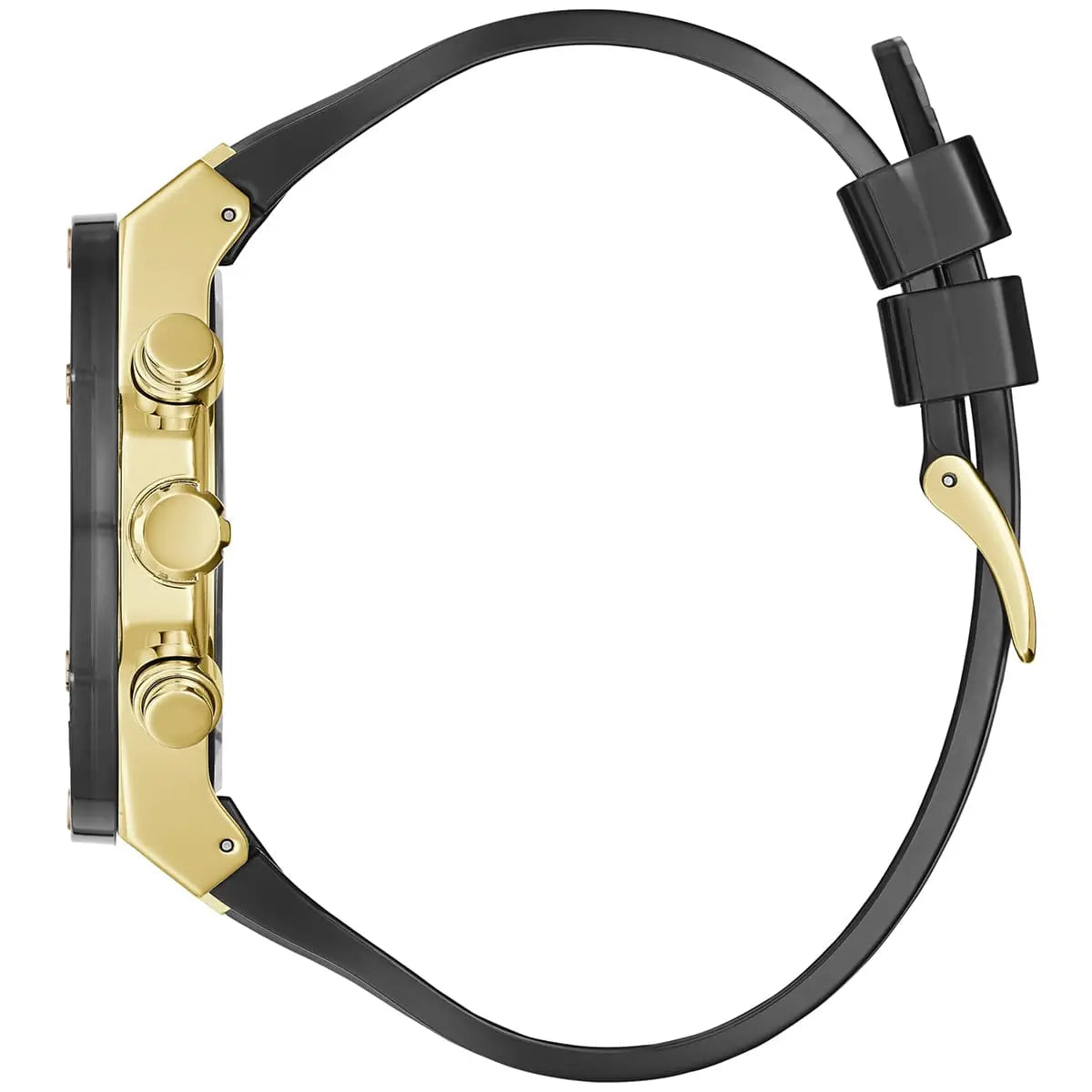 Guess Poseidon watch side profile showing gold-tone case and black silicone strap with gold buckle