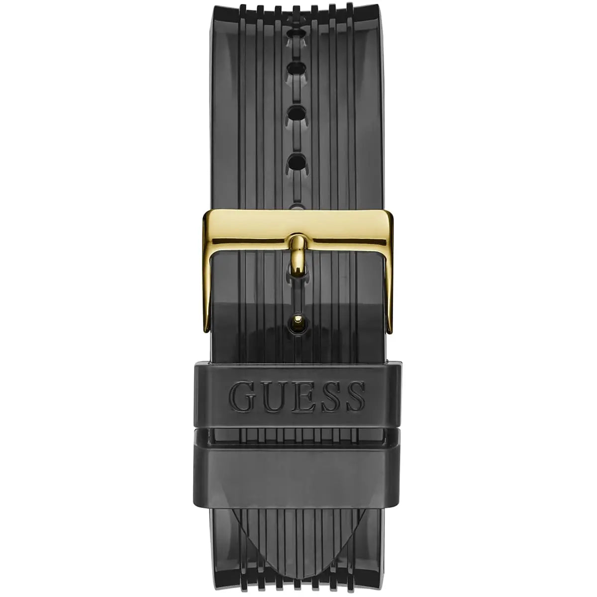 Guess Poseidon black silicone strap with gold-tone buckle and GUESS branding