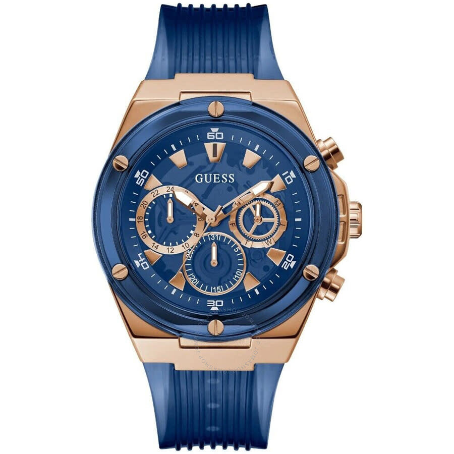 Guess Poseidon blue dial chronograph men's watch with rose gold case and blue rubber strap