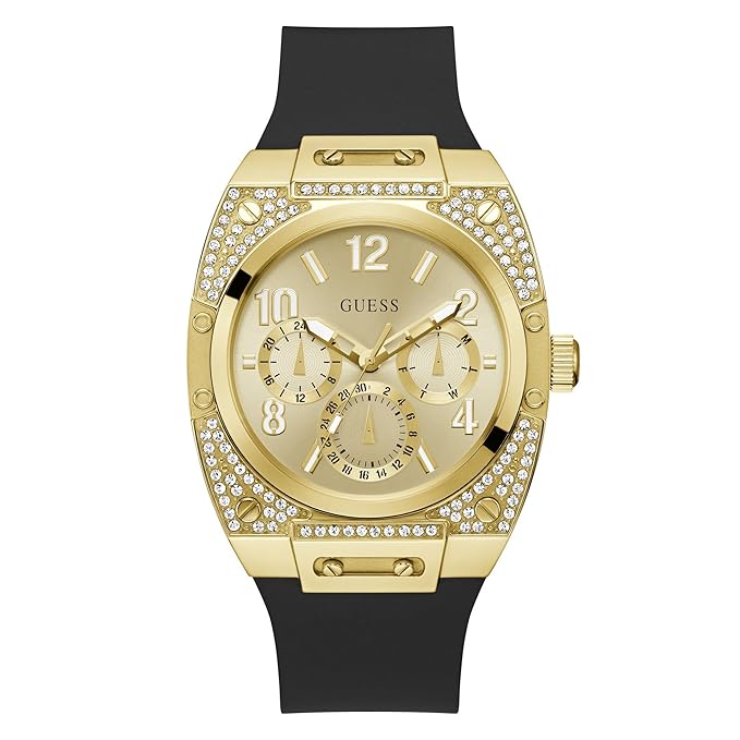 Guess Prodigy gold-tone watch with champagne dial, crystal-set case, black strap