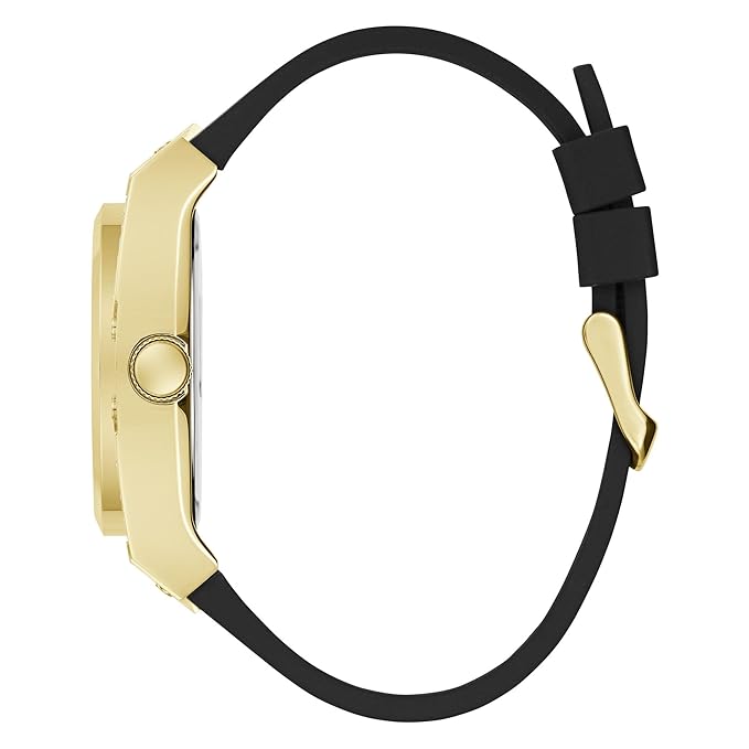 Guess Prodigy watch side view showing gold case and black rubber strap