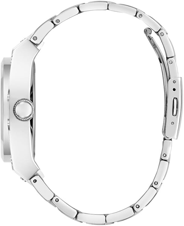 Side angle view of Guess Prodigy GW0624G1 watch showing silver stainless steel band profile