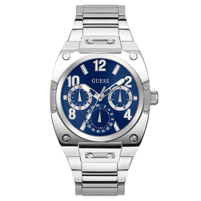 Guess Prodigy GW0624G1 men's watch with blue dial, silver case, and multi-function subdials