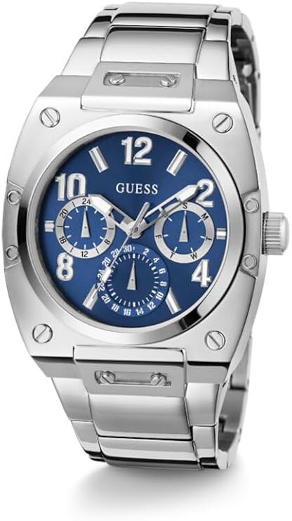 Side view of Guess Prodigy GW0624G1 chronograph watch with silver case and blue dial