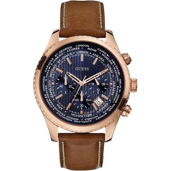 Guess Pursuit chronograph men's watch with blue dial, rose gold case and brown leather strap