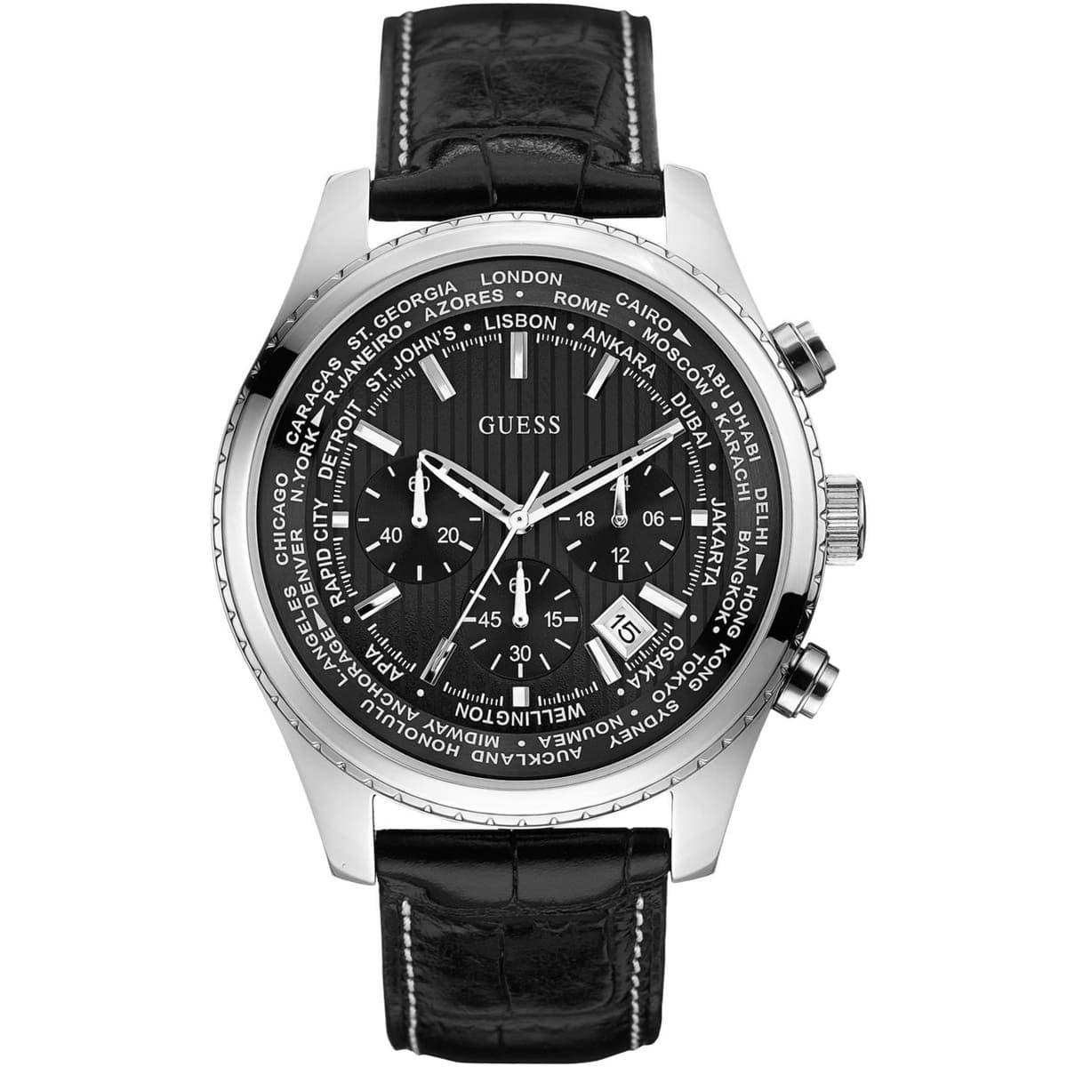 Guess Pursuit chronograph watch angled view showing silver case and dial