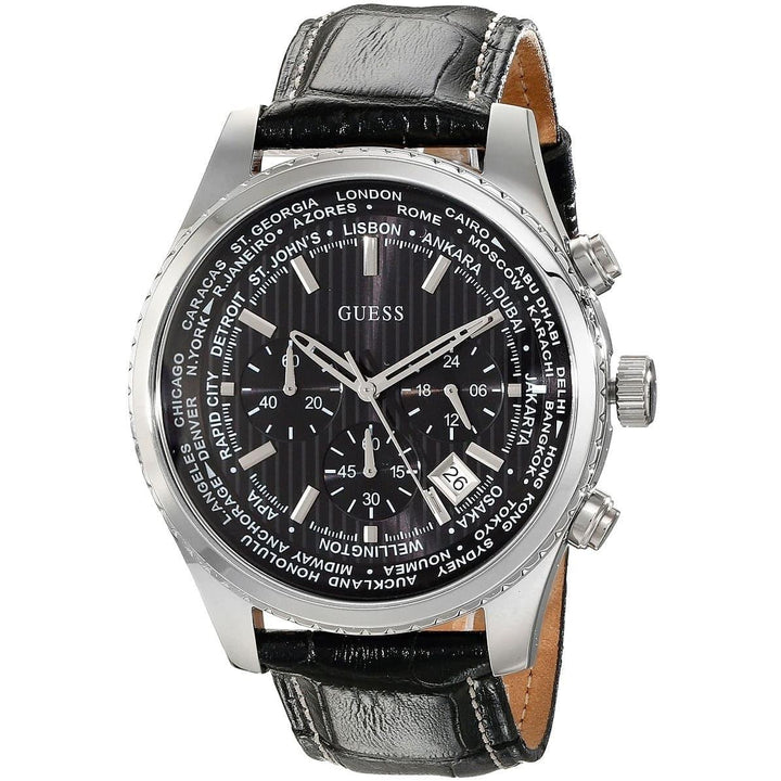Guess Pursuit silver chronograph watch with black dial and black leather strap