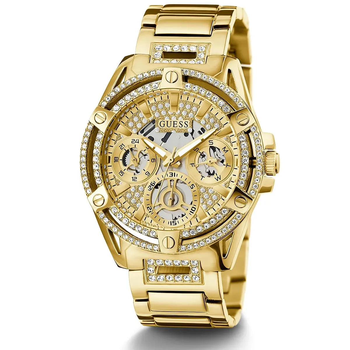 Guess Queen women's watch angled view showing multi-dial champagne face and gold bracelet