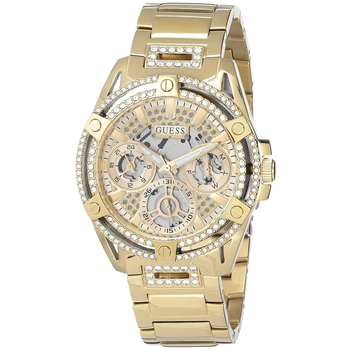Guess Queen women's watch front facing with champagne multi-dial face and crystal-set bezel