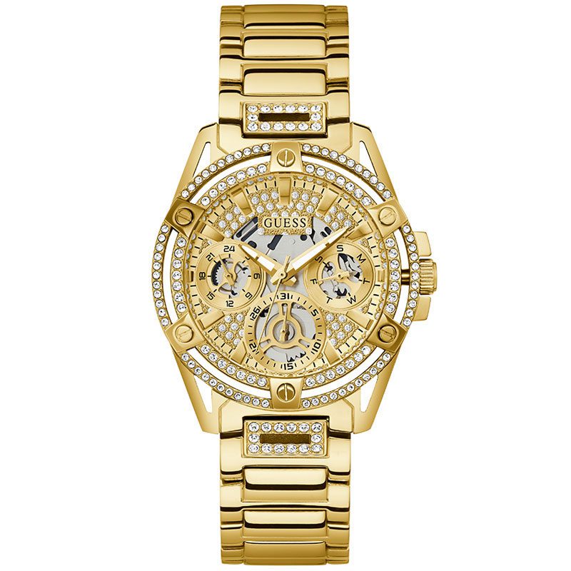 Guess Queen women's watch with champagne dial, crystal bezel, and gold-tone bracelet