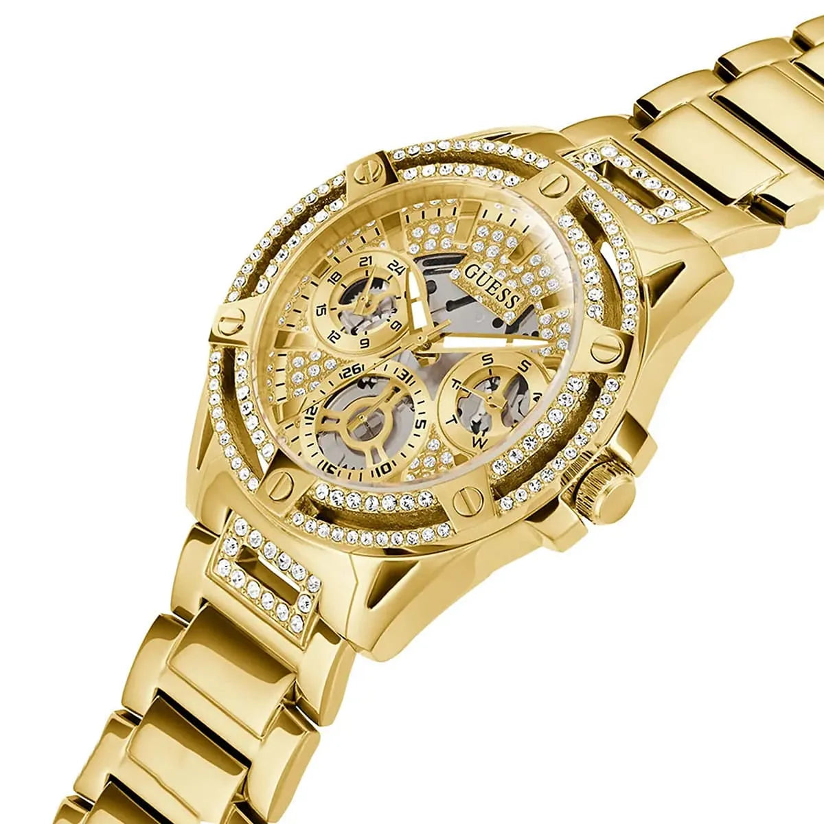 Guess Queen women's watch side angle showing champagne dial, crystal bezel, and gold strap