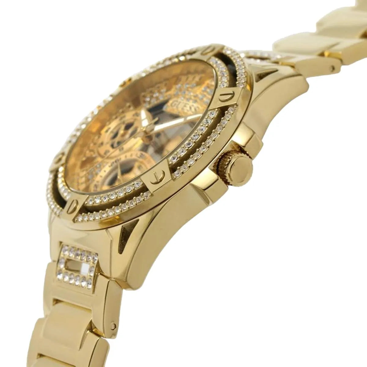 Guess Queen women's watch side view of case and gold metal band
