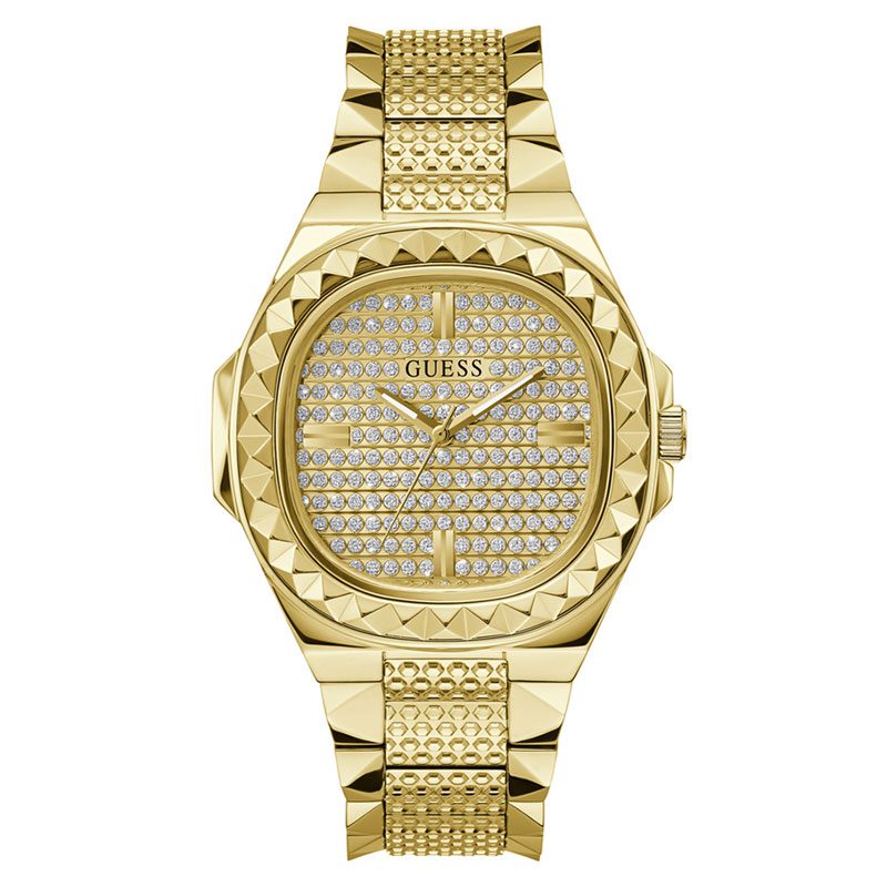 Guess Rebel gold tone men's watch with crystal dial and textured bezel