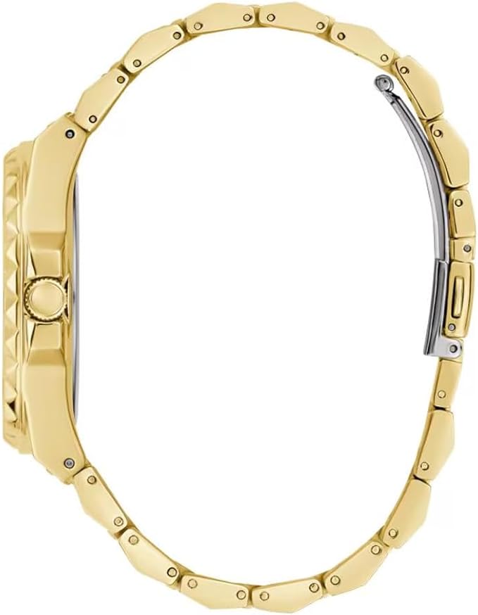 Side view of Guess Rebel gold tone watch showing case profile and bracelet