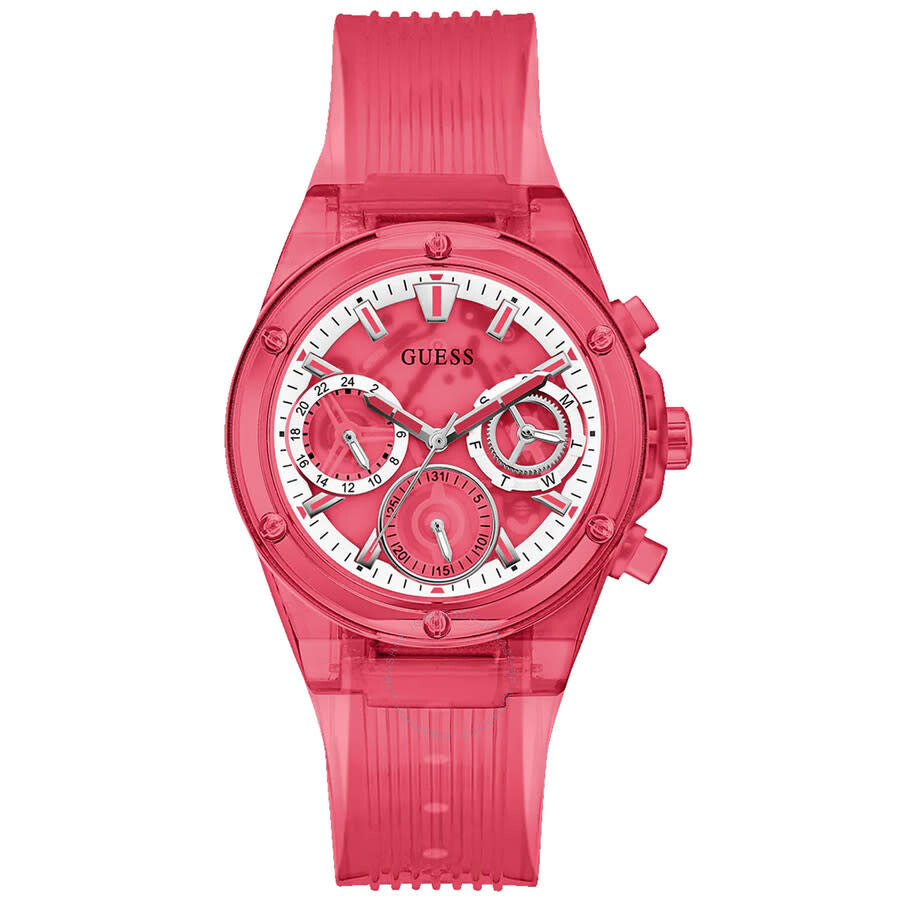 Guess red chronograph watch with multi-function dial and red rubber strap