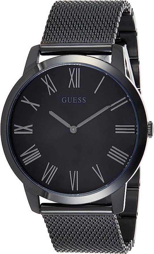 Guess Richmond men's watch with black dial, Roman numeral markers, and black mesh strap