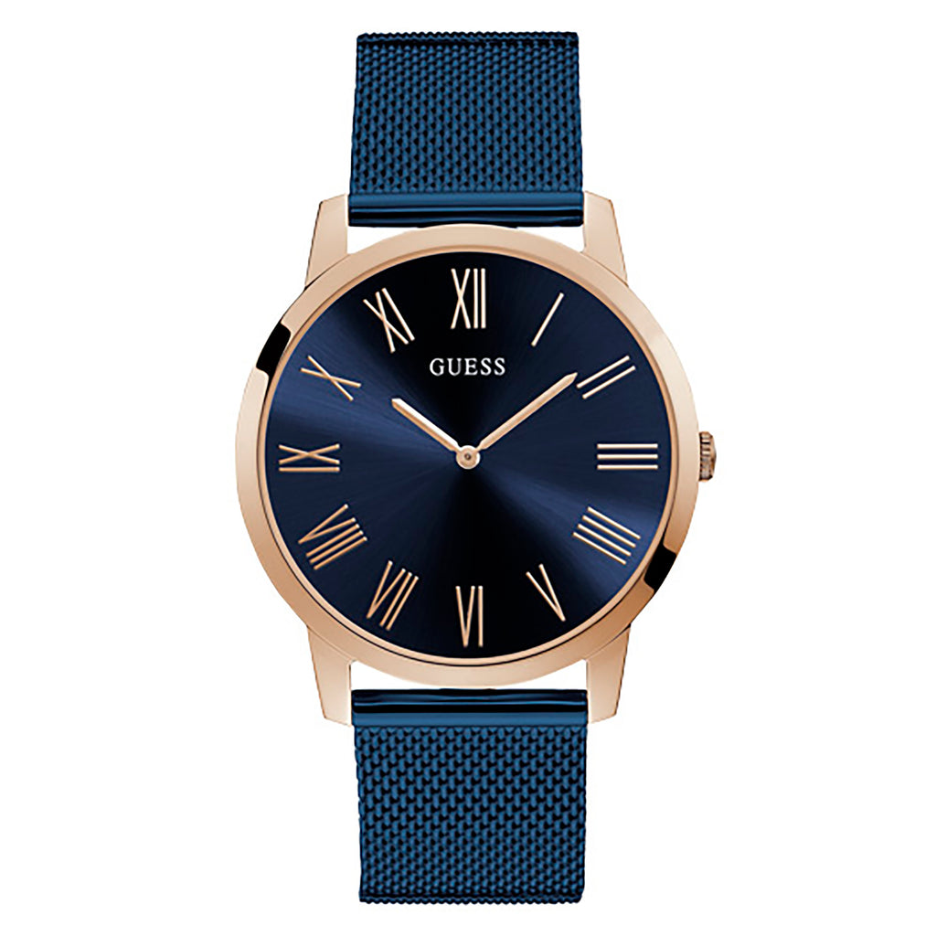 Guess Richmond quartz watch with blue dial, Roman numerals, and rose gold case on blue mesh strap