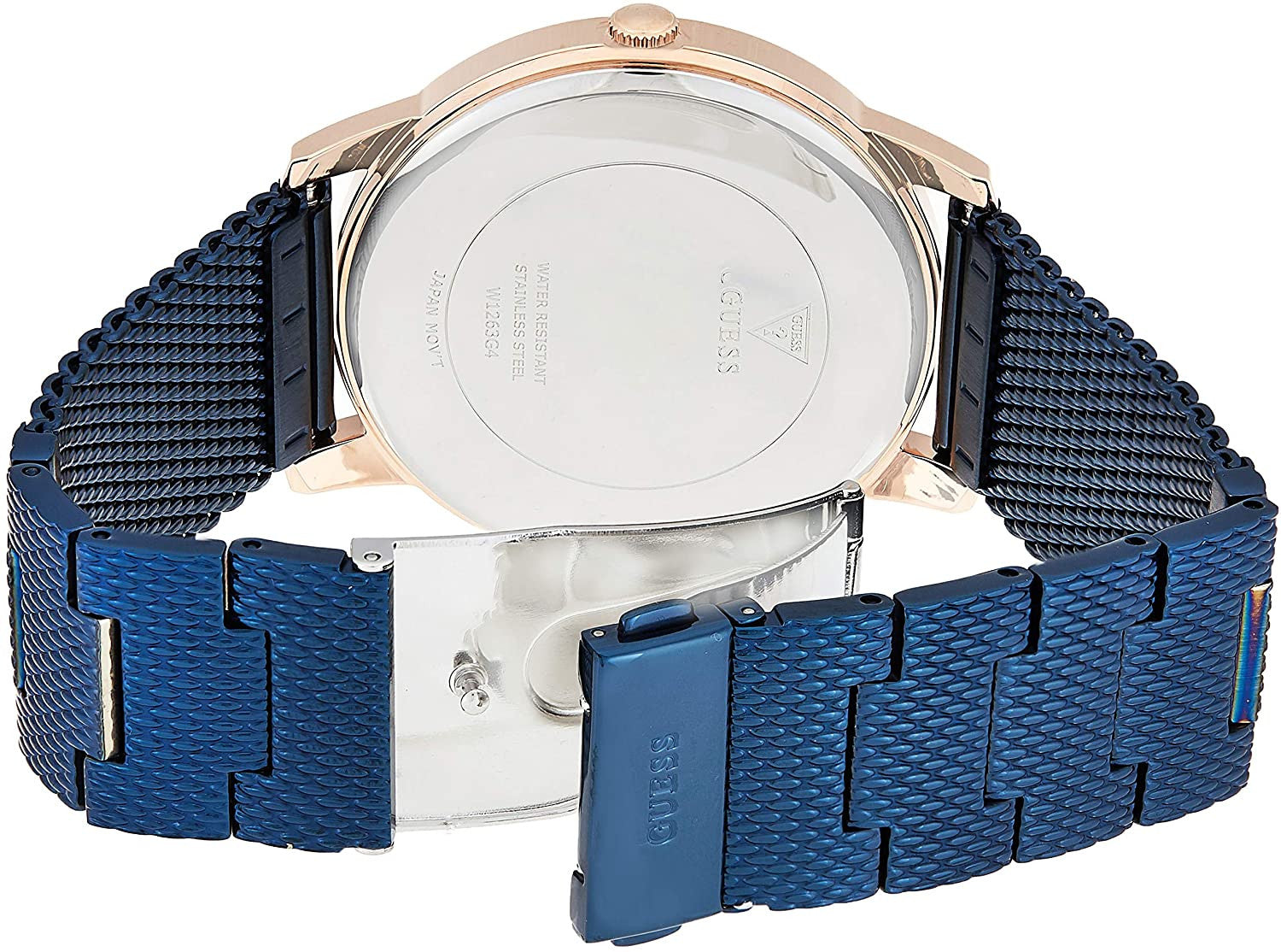 Caseback view of Guess Richmond watch showing transparent case back and mesh strap