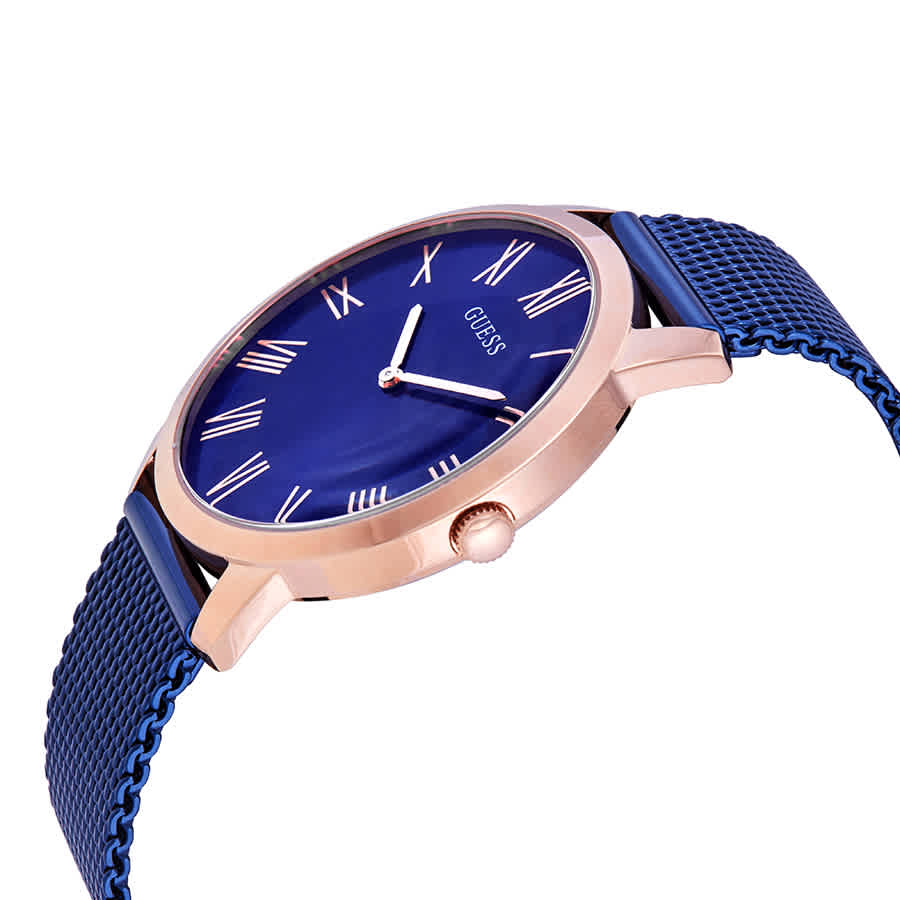 Side angle view of Guess Richmond watch showing rose gold case and blue mesh strap