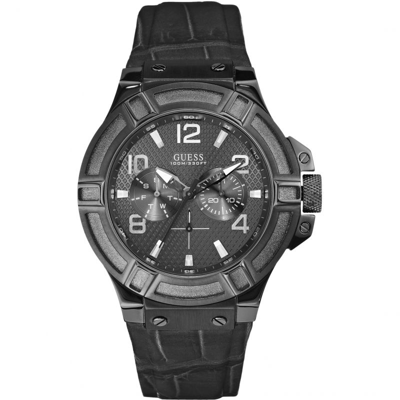 Guess Rigor men's watch with black dial, bold Arabic numerals, and chronograph subdials on black leather strap