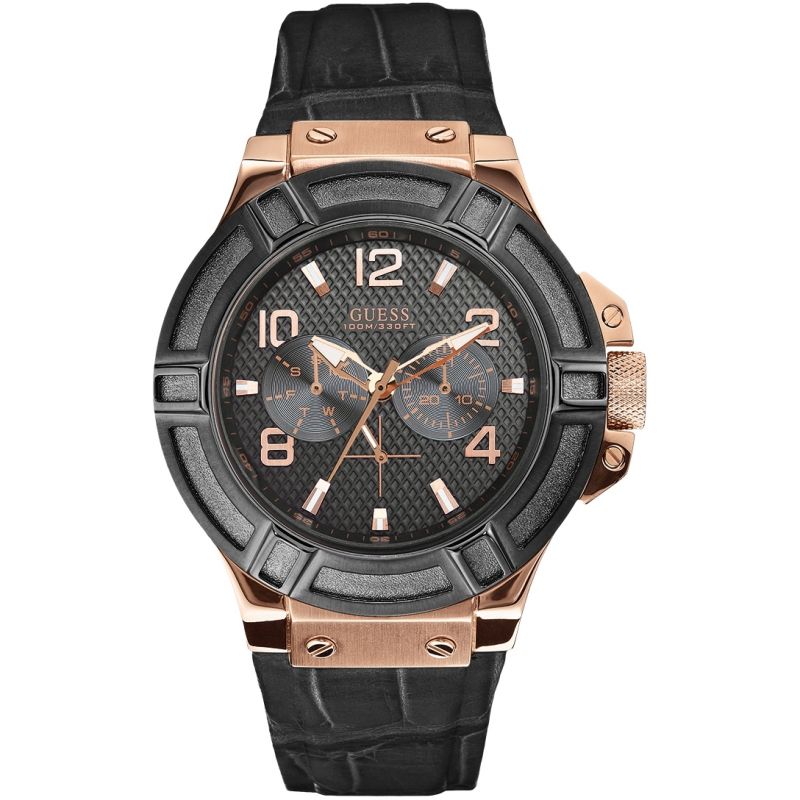 Guess Rigor men's watch with black dial, rose gold case and black leather strap