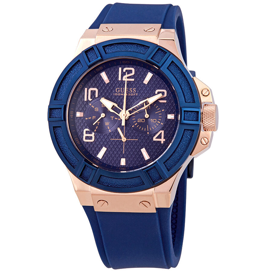 Guess Rigor blue dial chronograph watch with rose gold case and blue silicone strap