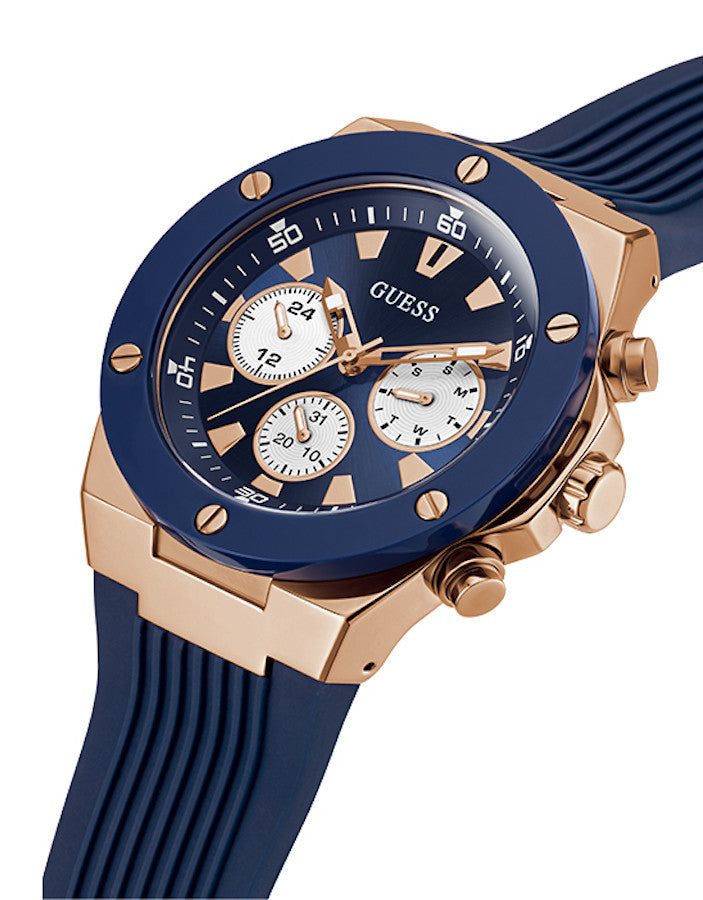 Guess Rose Gold Case Blue Silicone Strap Men’s Watch GW0057G2 - Watch