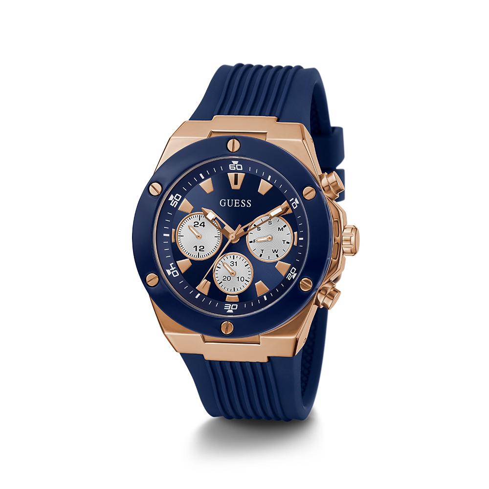 Guess Rose Gold Case Blue Silicone Strap Men’s Watch GW0057G2 - Watch