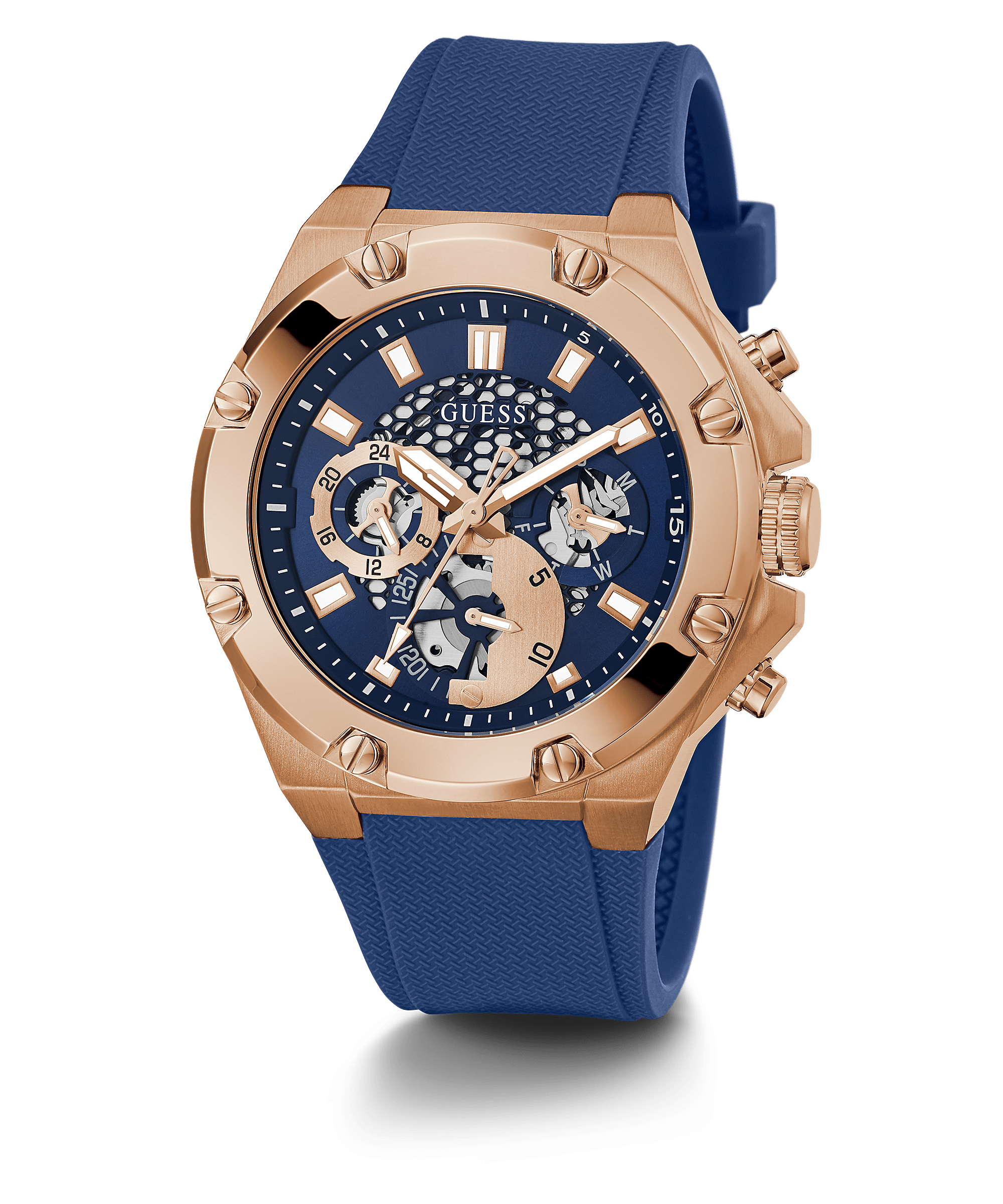 Guess Rose Gold Tone Case Blue Silicone Men’s Watch GW0334G3 - Watch
