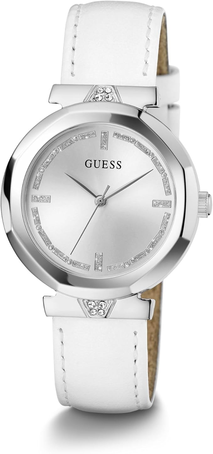 Guess Rumour watch side angle view showing silver-tone case and white leather strap