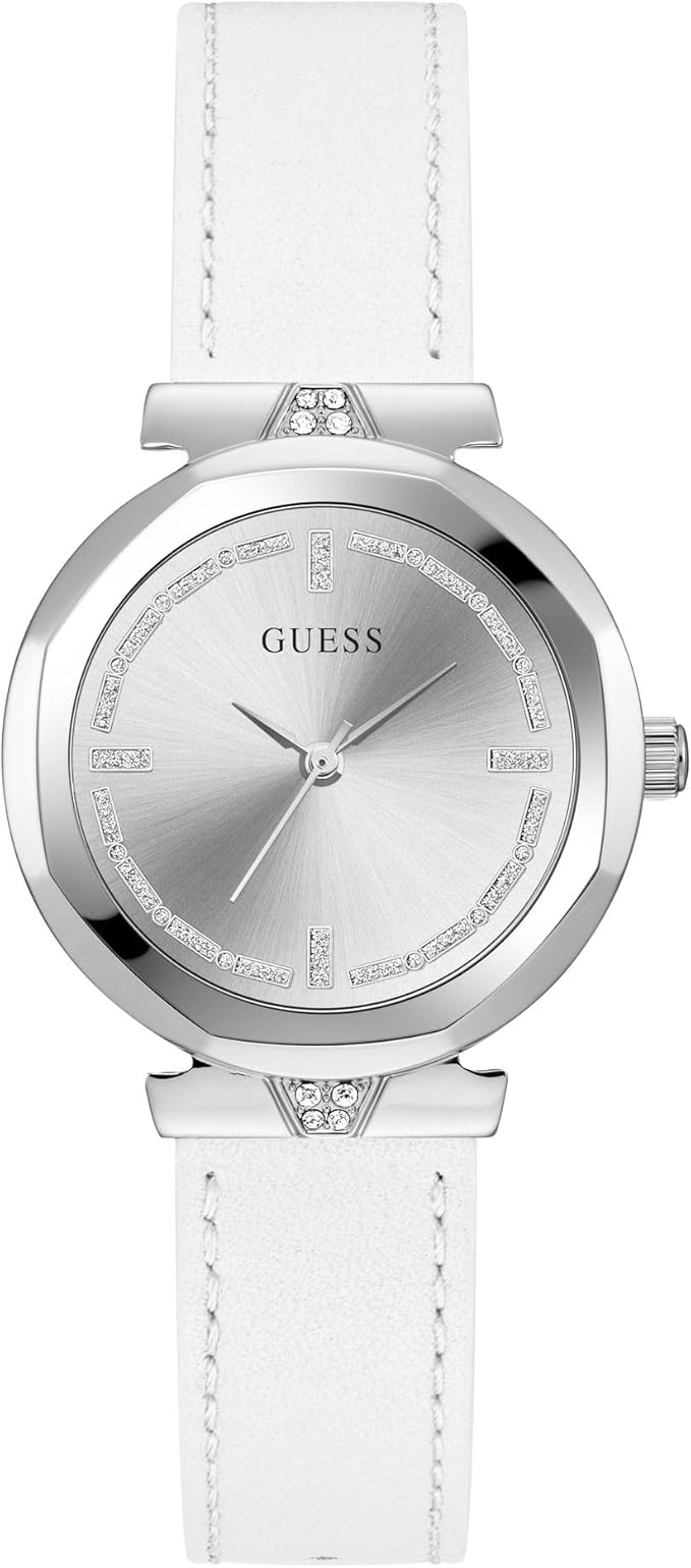 Guess Rumour women's watch with silver-tone round dial and white leather strap