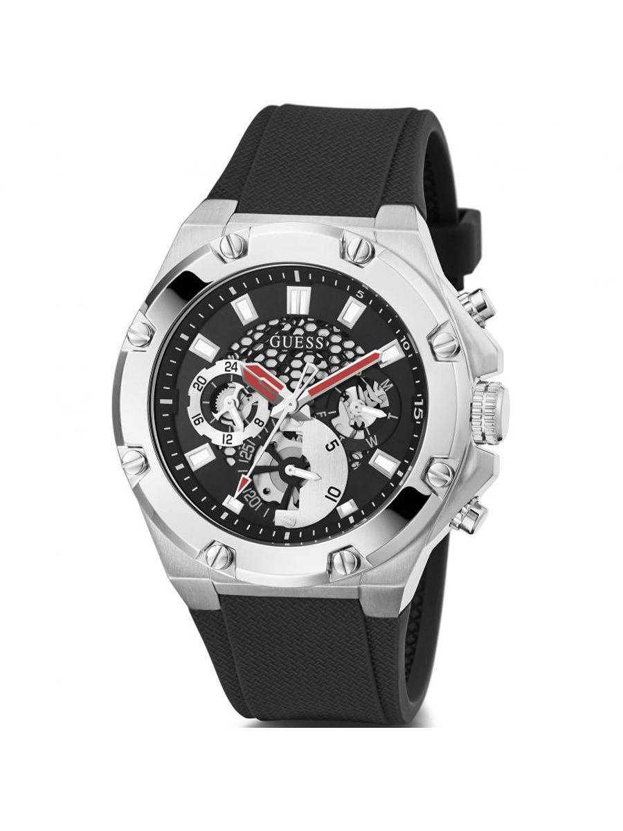 Guess Silver Case Black Silicone Strap Men’s Watch GW0334G1 - Watch