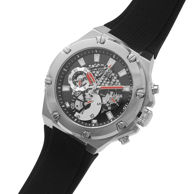 Guess Silver Case Black Silicone Strap Men’s Watch GW0334G1 - Watch