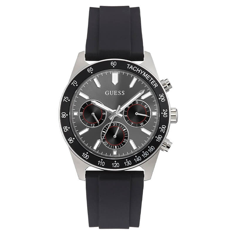 Guess Silver Tone Black Silicone Strap Men’s Watch GW0332G1 - Watch