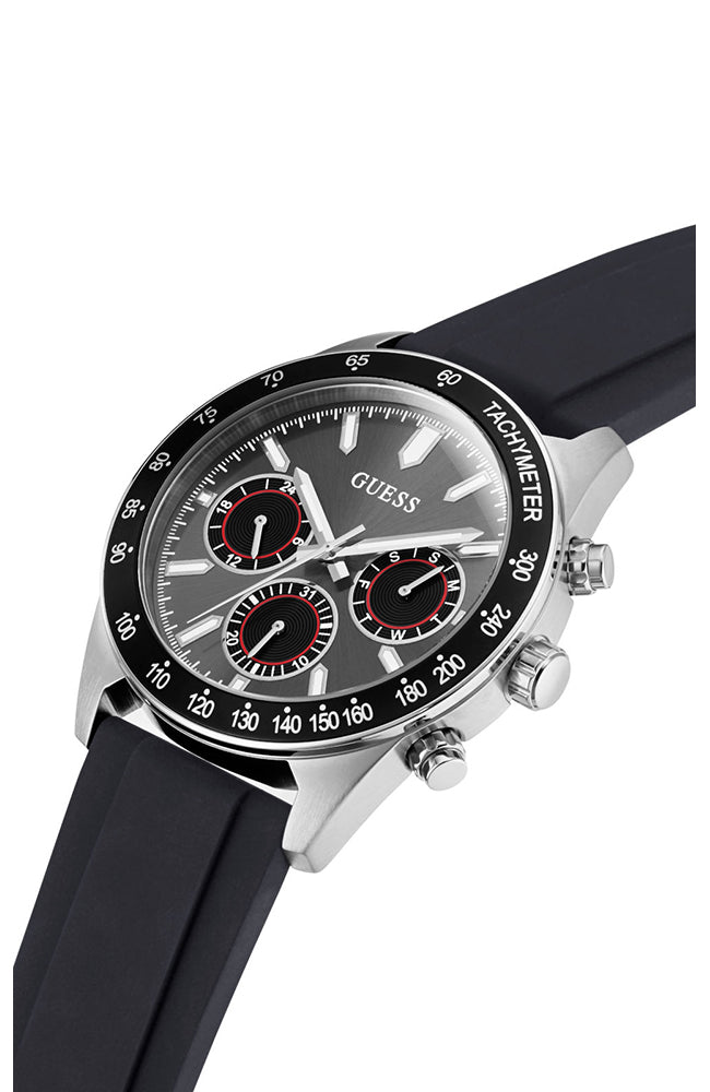 Guess Silver Tone Black Silicone Strap Men’s Watch GW0332G1 - Watch